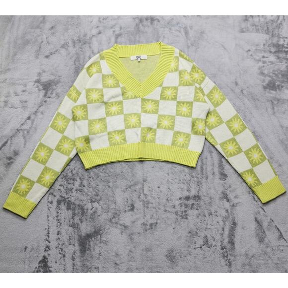 Madden NYC Sweater Womens XL Lime Green V-Neck Jacquard Pullover Casual - Picture 1 of 9